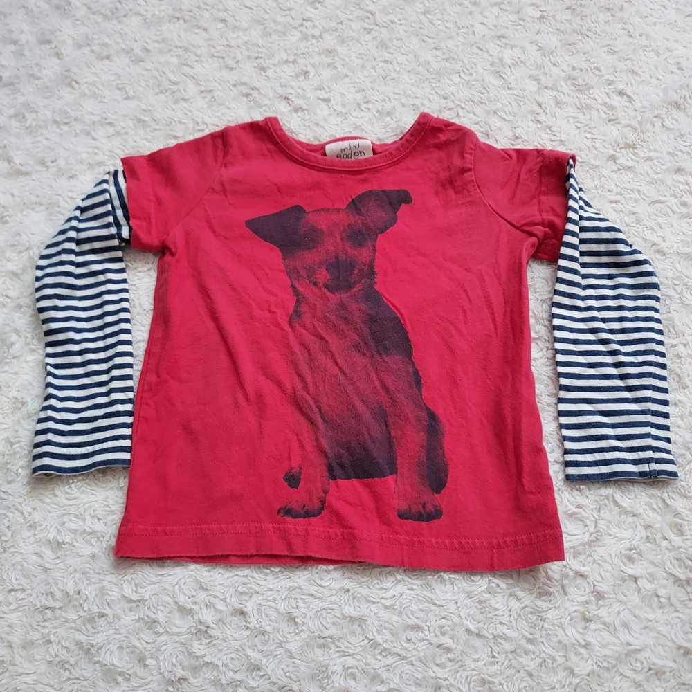 Mini Boden Quirky Red Faux Layered Long Sleeve Tee Dog Graphic 2-3Y Jack Russell